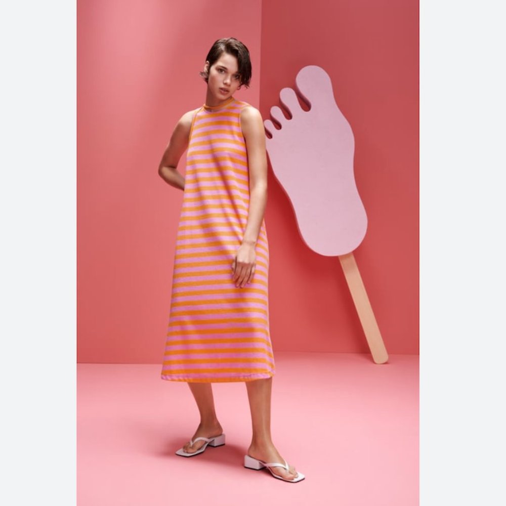 Zara Pink Orange Striped Sleeveless Midi Terrycloth Tank Dress Size S